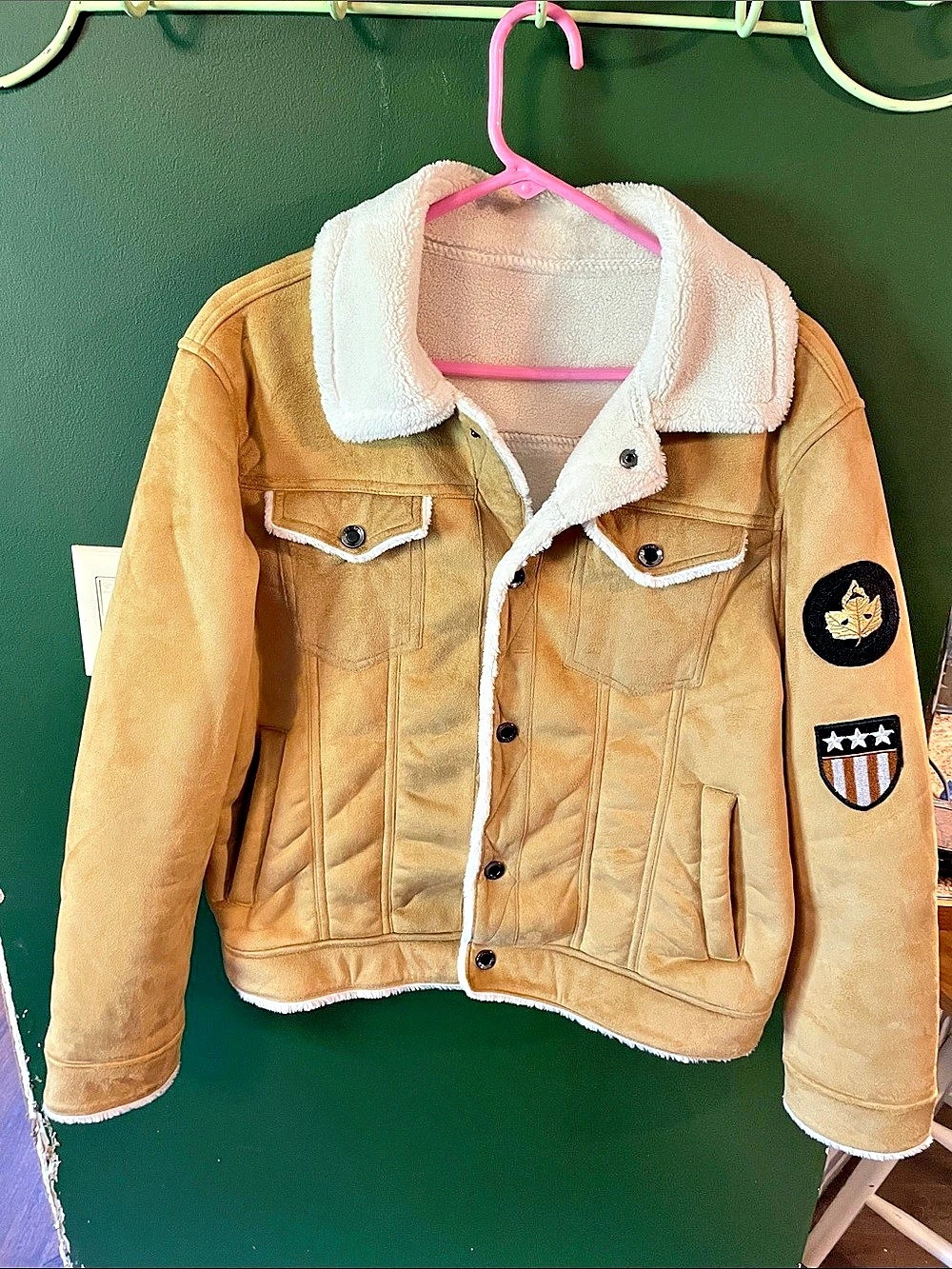 Suede Sherpa Lined Bomber Jacket Unisex Beige W/Patches Size Large See Pics